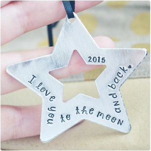 I Love You to the Moon and Back Ornament - Custom Christmas Ornaments - Gift for Christmas 2022 - Hand Stamped Christmas Ornament for Mom