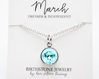 March Birthstone Necklace, Stainless Steel Aquamarine Blue Birthstone Necklace, Personalized Silver Birthstone Charm Necklace for Her