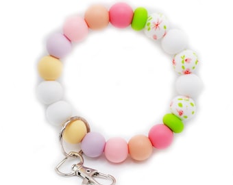 Floral Keychain Wristlet, Pink Silicone Bead Keychain Bracelet, Valentine's Beaded Bracelet, Gift for Teenager Girl, Pink Silicone Wristlet