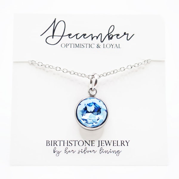 December Birthstone Necklace, Stainless Steel Blue Zircon Birthstone Necklace, Silver Birthstone Charm Necklace for Her Personalized Jewelry