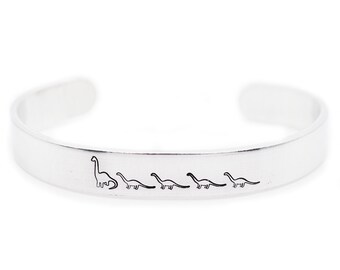 Four Dinos Mamasaurus Cuff Bracelet - Mom of Four Kids Bracelet - Silver Personalized Jewelry for Moms - Hand Stamped Cuff Bracelet