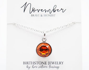 November Birth Month Necklace, Stainless Steel Topaz Birthstone Necklace, Personalized Silver Birthstone Charm Necklace for Her