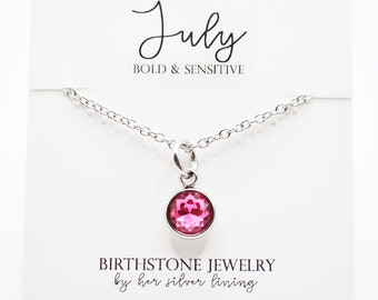 Stainless Steel Red Ruby Birthstone Necklace, July Birthstone Necklace, Silver Birthstone Charm Necklace for Her Birth Month Jewelry