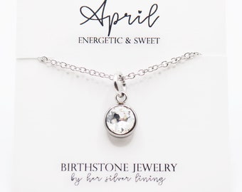 April Birthstone Necklace - Silver Birthstone Charm Necklace for Her - Stainless Steel Crystal Birthstone Necklace - Birth Month Jewelry