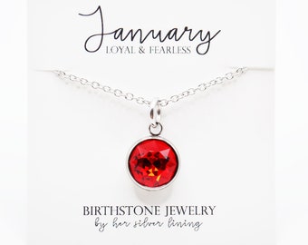 January Birthstone Necklace, Stainless Steel Red Garnet Birthstone Necklace, Silver Birthstone Charm Necklace for Her Personalized Jewelry