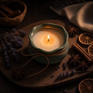 Può includere: Una candela bianca accesa in una ciotola di ceramica verde salvia con bordi smerlati, legata con un sottile fiocco di spago marrone. La candela è circondata da rametti di lavanda essiccata, anice stellato, cannella e fette di arancia essiccata.