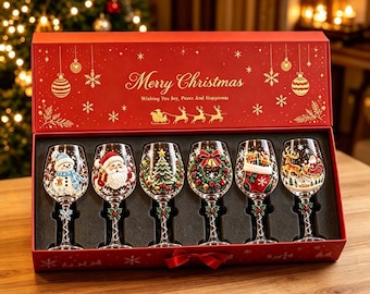 Christmas wine glass gift set (6 pieces), hand-painted holiday-themed stemmed glasses