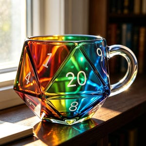 Può includere: Una tazza in vetro traslucido multicolore a forma di dado a venti facce. La tazza presenta un vibrante gradiente arcobaleno di tonalità rosse, arancioni, gialle, verdi e blu. Numeri bianchi, inclusi 20, 8, 1, 4 e 9, sono incisi sulle faccette.
