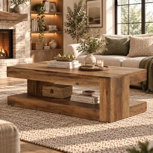 May include: A rectangular wooden coffee table with a natural wood grain finish, featuring a thick tabletop and a lower storage shelf. The table is constructed with sturdy side supports and a wide base, providing a stable surface for decor items.
