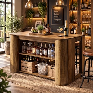 May include: A wooden home bar island with rounded side pillars, featuring two open shelves stocked with various glass liquor bottles, a wooden crate of dark bottles, a metal ice bucket, and a woven basket. The top surface holds a tray.