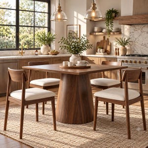 May include: A square wooden dining table with a central pedestal base and four matching chairs featuring curved backrests and off-white upholstered seats. The set is arranged on a textured woven rug in a kitchen space with wooden cabinetry.