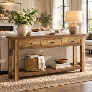 May include: A rectangular wooden console table with three drawers featuring X-shaped accents and small black knobs. The table has a lower shelf, a smooth top surface, and four sturdy legs, providing a functional storage and display surface.