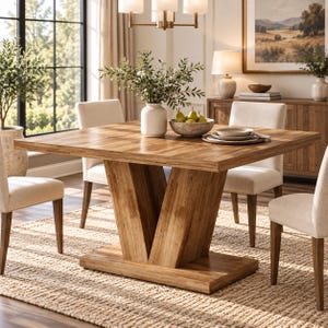 May include: A square wooden dining table featuring a thick tabletop and a V-shaped pedestal base. The table is surrounded by four upholstered chairs with light beige fabric and wooden legs, creating a cohesive dining set in a bright room.