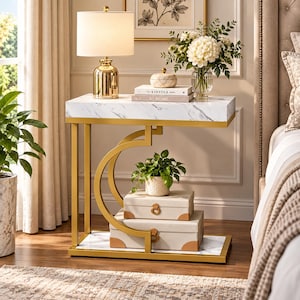Modern C Table, Sofa Side Table with Wood Top & Metal Frame, Narrow End Table, Couch Table, Bedside Table for Small Spaces