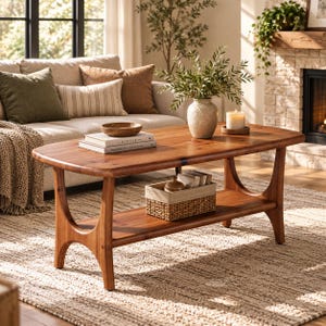 May include: A rectangular wooden coffee table with rounded edges and a lower shelf. The table features a warm brown finish and arched legs. On the tabletop sits a ceramic vase with greenery, a stack of two books, and a small wooden bowl.