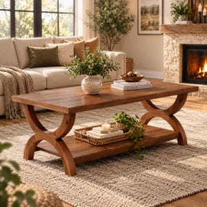 May include: A rectangular wooden coffee table with a smooth top surface and a lower shelf. The table features two curved, X-shaped legs on each side. A ceramic vase with greenery sits on the top, alongside a stack of books and a small bowl.