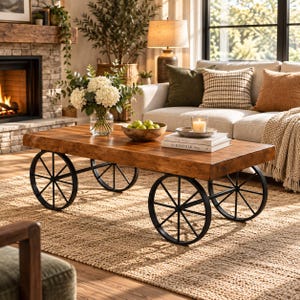 May include: A rectangular coffee table made of natural brown wood with a thick, solid top. The table is supported by four black metal wheels with thin spokes, providing a mobile base. The surface is smooth and finished with a warm wood grain.