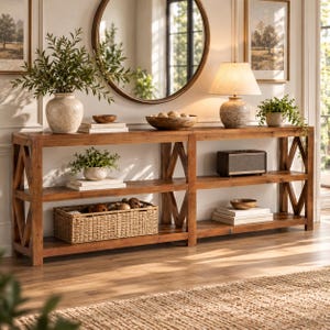 May include: A long wooden console table with an X-shaped side frame design, featuring two open shelves. The surface holds a ceramic vase with greenery, a wooden bowl, a table lamp with a beige shade, and a potted plant. A woven basket sits below.