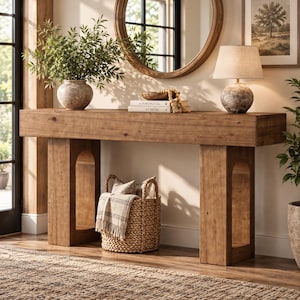 May include: A rectangular wooden console table with arched cutouts in the legs. On top sits a potted plant, a wooden bowl, two books titled Kinfolk and At Home, and a table lamp with a beige shade. A woven basket with a blanket sits underneath.