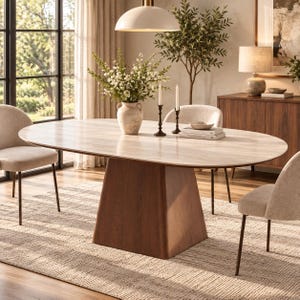 May include: An oval dining table with a light-colored wood grain top and a solid, tapered dark wood pedestal base. The table is surrounded by three upholstered chairs with thin metal legs and is set with a ceramic vase of white flowers.