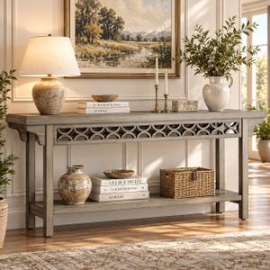 May include: A rectangular wooden console table with a weathered gray finish and a decorative lattice apron. The table features a lower shelf, a tabletop lamp with a textured base, books titled The Kinfolk Home and At Home, and a woven basket.
