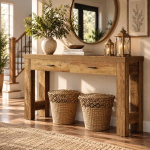 May include: A rectangular wooden console table with two drawers and dark metal pulls. Two woven wicker baskets with patterned lids sit underneath. On top are a textured vase with greenery, a small bowl, two stacked books, and two metal lanterns.