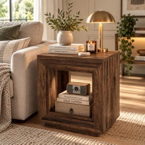 May include: A square wooden end table with a dark brown finish and a hollow center. The top surface holds a white vase with greenery, a gold dome lamp, a candle, and books titled The Kinfolk and At Home in Joshua Tree. The center holds a radio and books.