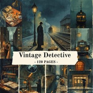 May include: A collage of dark, moody illustrations featuring a detective in a trench coat, a train station, a boat, a vintage car, and a desk with a telescope. The central text reads Vintage Detective - 120 PAGES - in black serif font.