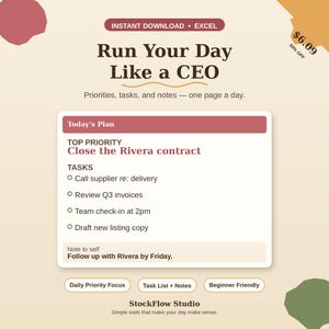 Może przedstawiać: Cyfrowy szablon dziennego planera do programu Excel zatytułowany Run Your Day Like a CEO. Układ zawiera sekcje Today's Plan, Top Priority, Tasks oraz Note to self. Projekt posiada kremowe tło z bordowymi i zielonymi akcentami.