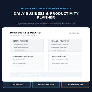 Daily Business Planner Excel Template, Hourly Schedule, To Do List (Digital Download)