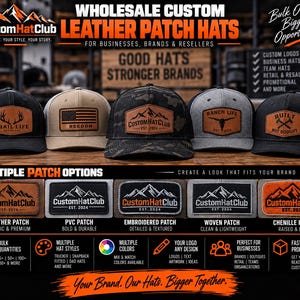 Wholesale Custom Leather Patch Hats | Bulk Logo Hats | Custom Business Hats | Branded Trucker Caps | Reseller Hats | 25+