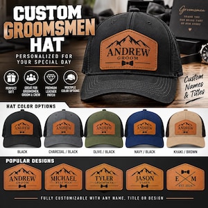 May include: A black trucker hat featuring a tan leather patch with a mountain graphic, the name Andrew, the title Groom, and a bowtie icon. The image displays various hat color options and custom leather patch designs with names and titles.