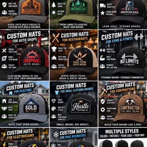May include: A collection of custom hats for various industries including construction, landscaping, trucking, auto shops, restaurants, fitness, real estate, clothing, contracting, electrical, and HVAC, featuring diverse logos, colors, and styles.