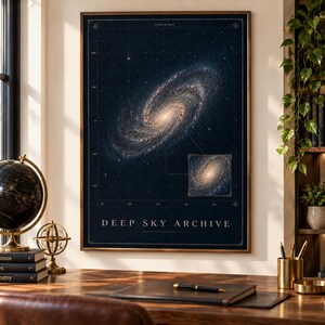 May include: A rectangular wall poster titled Deep Sky Archive featuring a large, detailed spiral galaxy against a dark blue starry background, with a smaller inset image of the same galaxy and a grid overlay, framed in a thin dark brown border.