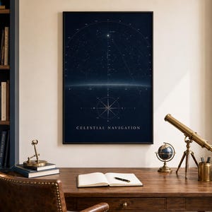 May include: A framed vertical wall art print featuring a dark blue celestial navigation chart with white star constellations, a compass rose, and the text CELESTIAL NAVIGATION printed in white at the bottom center of the rectangular poster.