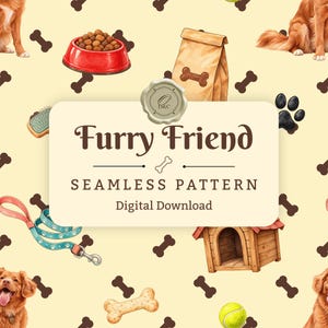 Furry Friend Watercolor Dog Seamless Pattern, Pet Fabric Design (Instant Digital Download)