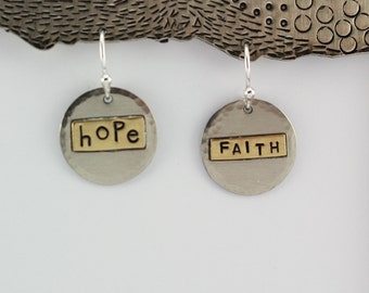 Personalized Earrings, Inspirational Words Earrings, Hope and Faith, Religious Jewelry, Hammered Disc Earrings, RP0631ER