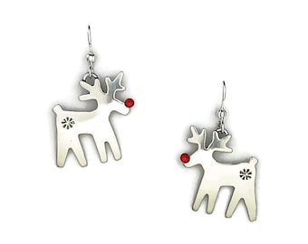 Reindeer, NEW,  Reindeer Earrings, Red Nose Reindeer Earrings, Rudolph the Red Nose Reindeer, Christmas Earrings, Silver Reindeer Earrings