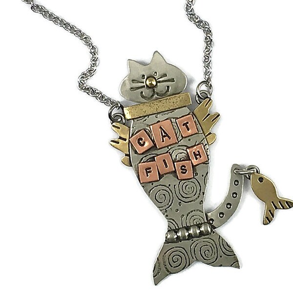 Cat Lovers Necklace, Cat Fish Necklace, Whimsical Cat Necklace, Sale Jewelry, Kitty with Fish necklace, Cat Lovers Gift Idea,  S25