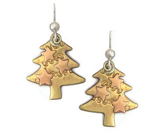 Small Brass Christmas Tree Earrings, Brass TRee Earrings, Christmas Jewelry, Christmas Earrings, Secreat Santa Gift, Gifts for Her, 314
