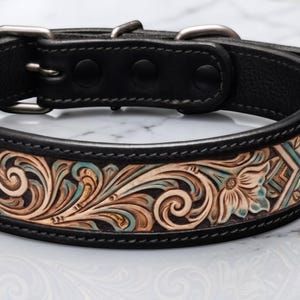May include: A black leather collar featuring a tan and teal floral embossed pattern with a metal buckle and the text H_23. The collar has a dark border and a repeating scrollwork design along the strap, finished with a sturdy metal hardware closure.