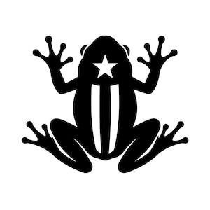 May include: A black silhouette of a frog featuring a white five-pointed star on its head and two vertical white stripes running down the centre of its body. The frog is depicted from a top-down perspective with splayed limbs and webbed feet.