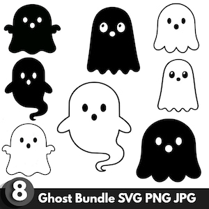 May include: A collection of eight black and white ghost illustrations featuring various shapes and expressions. The graphic set includes solid black ghosts and white ghosts with black outlines, all displaying simple circular eyes and mouths.