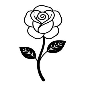 Puede incluir: Una ilustración de arte lineal en blanco y negro de una sola rosa. La flor presenta pétalos en capas con una espiral central, mientras que el tallo es delgado y curvo, acompañado por dos hojas negras sólidas que salen de los lados del tallo.