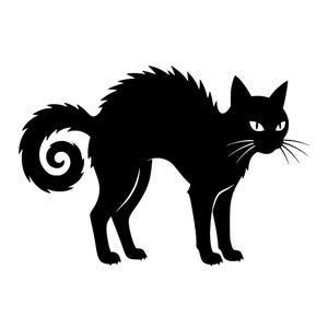 May include: A black silhouette of a cat with an arched back, bristled fur, and a curled tail. The cat has pointed ears, white eyes, and long white whiskers, standing in a defensive posture with its body angled toward the right side of the frame.