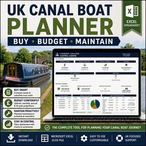 Könnte beinhalten: Eine digitale UK Canal Boat Planner Excel-Tabelle auf einem Laptop-Bildschirm. Die Benutzeroberfläche zeigt ein Liveboard Canal Boat Control Centre Dashboard mit Finanzübersichten, monatlichen Kostenübersichten und Wartungsaufgabenlisten.