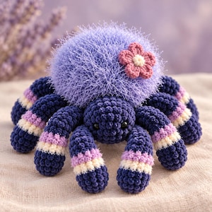 May include: A crocheted spider toy featuring a fuzzy, light purple spherical body adorned with a small pink flower. The spider has eight segmented legs in dark blue, light purple, and cream, and a dark blue head with two black bead eyes.