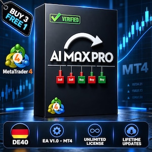May include: A black rectangular software box labeled AI MAX PRO with a white curved arrow icon. The box features a green verified checkmark, five small hanging squares labeled Sell or Buy, and MetaTrader 4 logos. Text includes EA V1.0, MT4, and DE40.