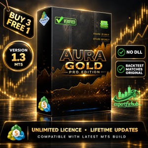 May include: A black rectangular software box labeled Aura Gold Pro Edition with gold text and graphics. The box features a verified badge, MT4/MT5 logos, and market data for XAUUSD and BTCUSD. Text includes Buy 3 Free 1, Version 1.3, No DLL, and Unlimited Licence.