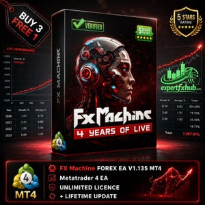 May include: A black rectangular product box labeled FX Machine 4 Years of Live featuring a robotic head graphic. The box displays a verified checkmark, a 5-star rating, and text including FX Machine Forex EA V1.135 MT4, Metatrader 4 EA, and unlimited licence.